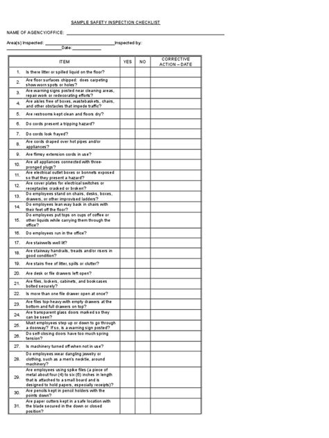 Inspection Checklist Template Word File Stairs Flammability