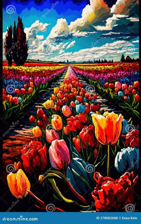 A Vibrant Tulip Farm Painting Stock Illustration - Illustration of ...