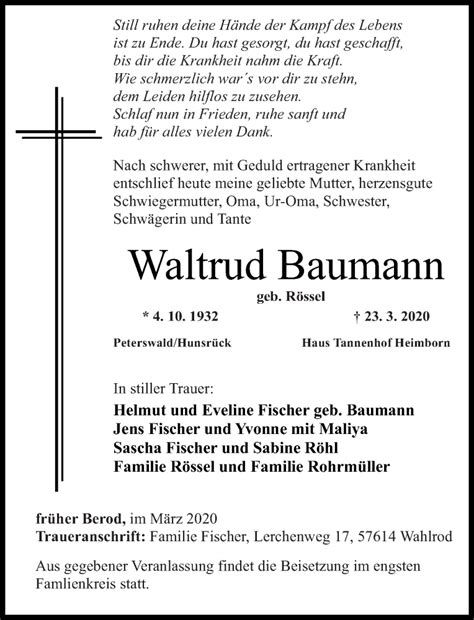 Traueranzeigen Von Waltrud Baumann Rz Trauer De