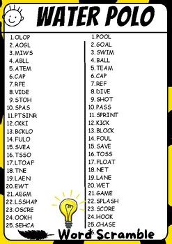 Water Polo Word Scramble Puzzle All About Water Polo Scramble Activities