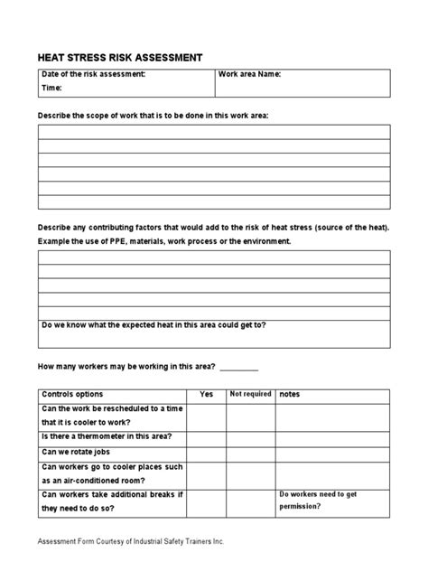 Heat Stress Risk Assessment Form Pdf Hyperthermia Heat