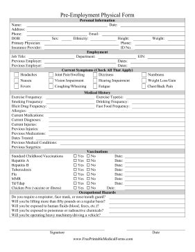 Printable Pre Employment Physical Form