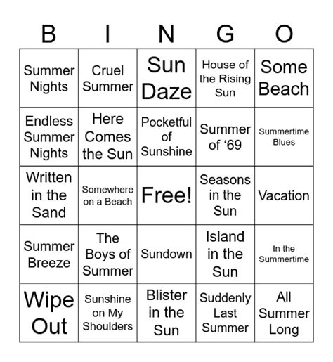 Summer Sun Bingo Card