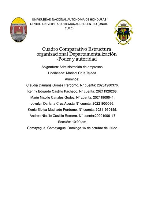 Cuadro Comparativo Estructura Organizacional Departamentalizaci N