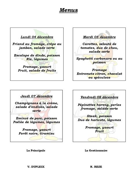 Menu Du Au Decembre Coll Ge Le Vieux Chene