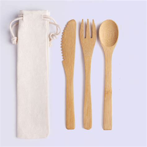 Biodegradable Bamboo Cutlery Set Pcs Wooden Spoon Knife Fork Travel