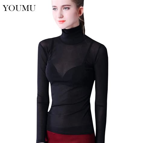 Women Mesh T Shirt Long Sleeve See Through Sexy Tops Turtleneck Slim Sheer Single Layer