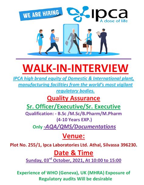 Ipca Laboratories Ltd Walk In Interviews For Quality Assurance On Rd