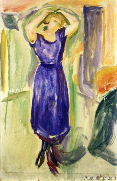 Woman In Blue Dress With Her Arms Over Her Head By Edvard Munch