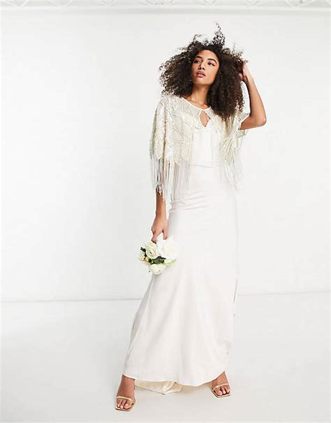 Y A S Bridal Satin Cami Maxi Dress And Bridal Sequin Fringe Cape In