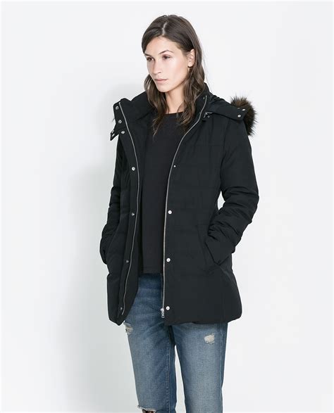 Zara Midlength Puffer Jacket With Fur Hood In Black Lyst