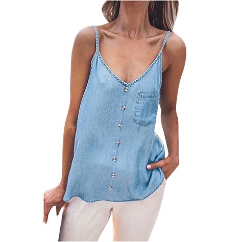 Munlar Womens Sexy Vest Summer Blue Strappy Buttoned Camisole Sleeveless Tank Tops For Women