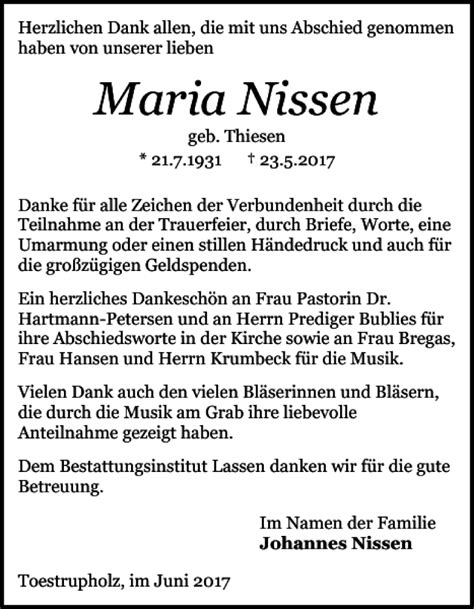 Traueranzeigen Von Maria Nissen Sh Z Trauer