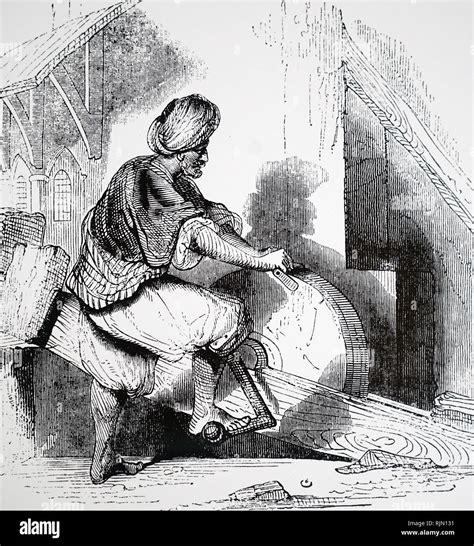 Illustration Showing Egyptian Cutlery Grinder Turning His Grindstone