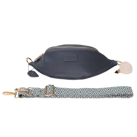 Bum Bag Leather Crossbody Bag In Slate Blue Pom Pom London