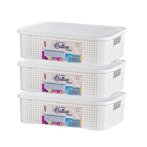 Kit 3 Caixas Organizadoras Rattan C Tampa 10 Litros Branca Shopee Brasil