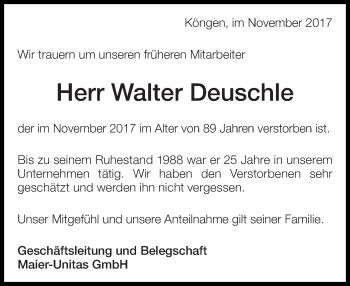 Traueranzeigen Von Walter Deuschle Zeit Des Gedenkens De