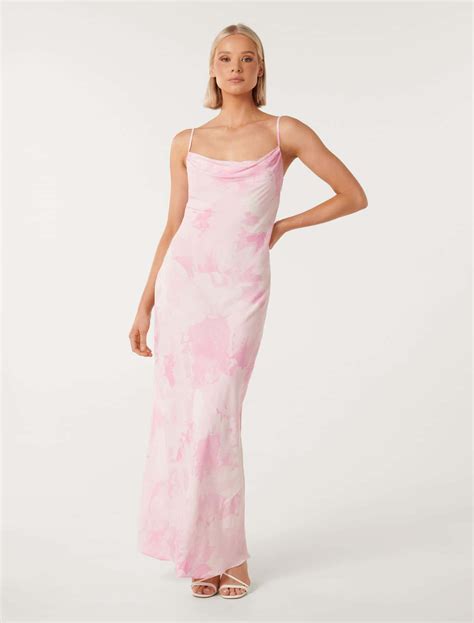 Millie Cowl-Neck Slip Dress in Pink Watercolour Print - Size 4 to 16