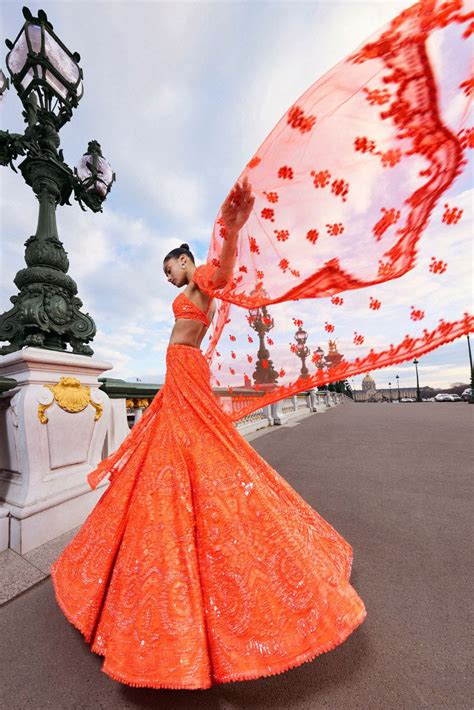 Seema Gujral Neon Orange Sequin Lehenga Set Livethecollective