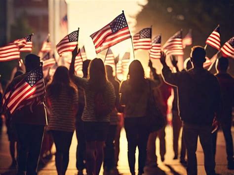 Premium Photo Group Of People Waving American Flags In Back Lit