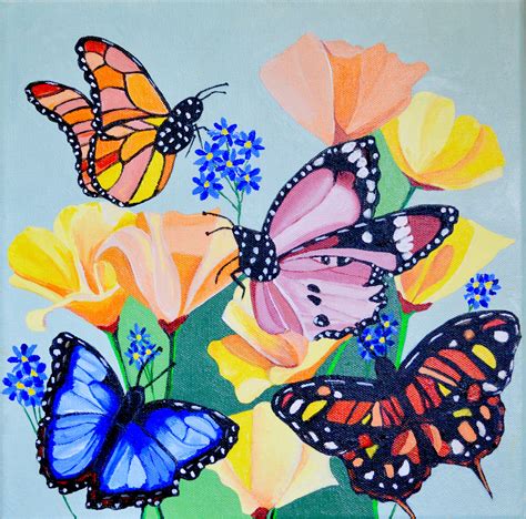 Peinture Acrylique Originale Papillon Floral Sur La Toile Etsy France