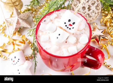 Christmas Hot Chocolate With Funny Dancing Snowman Creative Made With Marshmallows Greeting