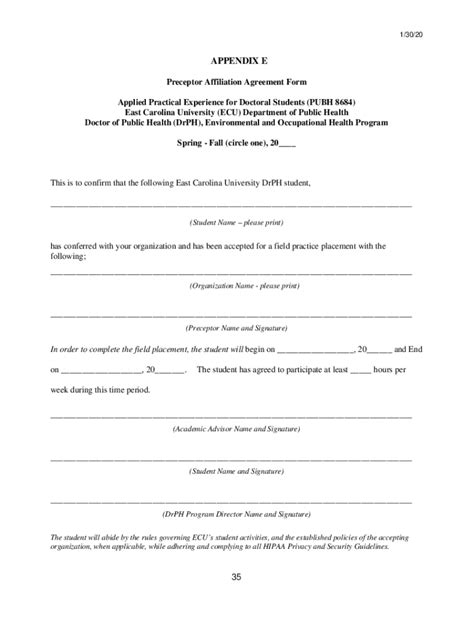 Fillable Online Preceptor Affiliation Agreement Form Department Of