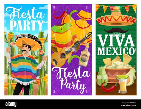 Viva Mexico Fiesta Party Vector Banners With Mexican Holiday Food And Carnival Mariachi