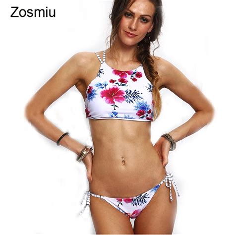 Zosmiu New Flower Printed Brazilian Bikini High Neck Floral Thong