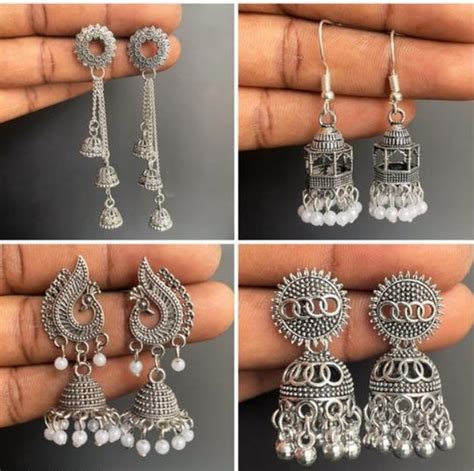 Oxidized Jhumkas Sets 4 Pairs Jhumkas Sets Indian Jhumkas Etsy