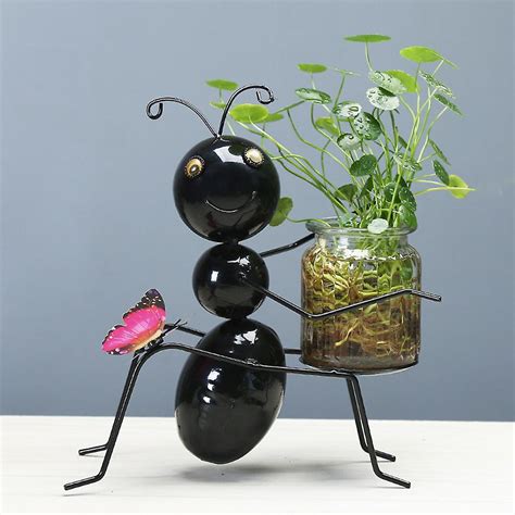 Table Desk Wrought Iron Ant Glass Hydroponic Vase Flower Plant Pot With