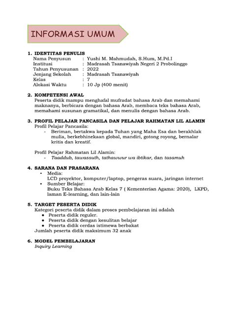 Contoh Modul Ajar Bahasa Arab Mts Mts Arabic Pdf