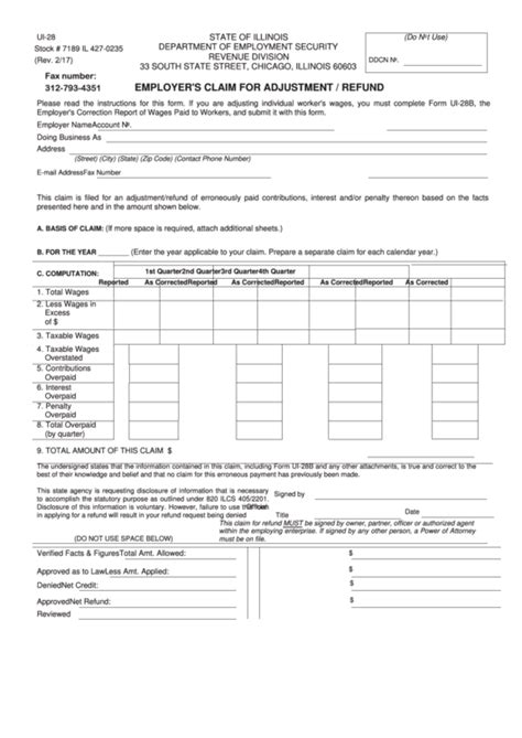 Fillable Form Ui 28 Employers Claim For Adjustment Refund 2017