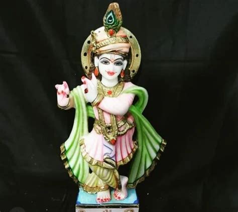 Painted Hindu White Krishan Ji Marble Murti For Temple Size 2ft At