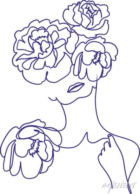 Line Art Woman Face With Flowers Continuous One Line Drawing Wall