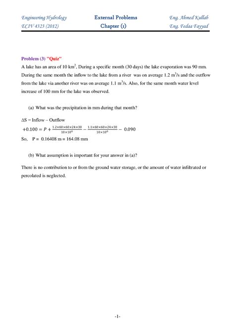 Quiz Ch1 Soln Quiz Solution Engineering Hydrology External Problems Eng Ahmed Kullab Eciv