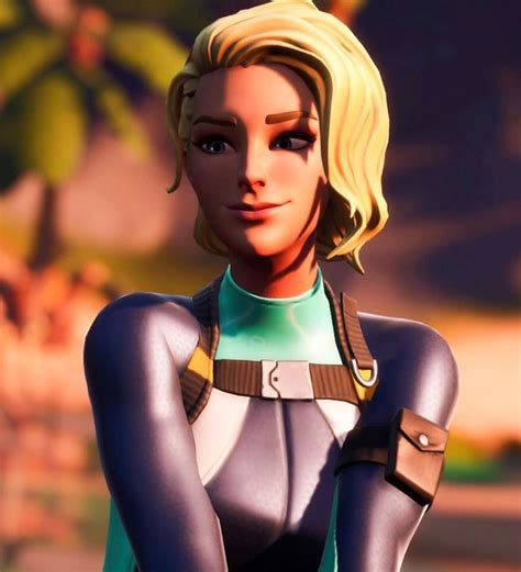 An Animated Woman With Blonde Hair And Blue Bodysuit Standing In Front Of Palm Trees