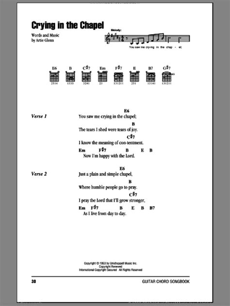 Presley Crying In The Chapel Sheet Music For Guitar Chords