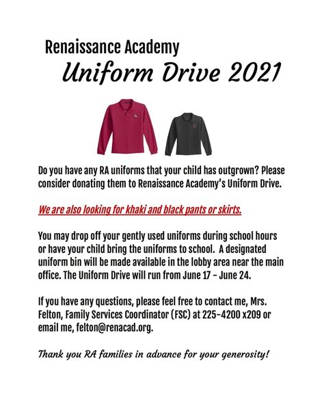 RA Uniform Drive 2021 | Renaissance Academy Charter School of the Arts