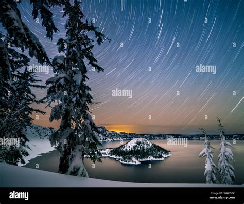 Usa Oregon Crater Lake National Park Star Trails Over Crater Lake