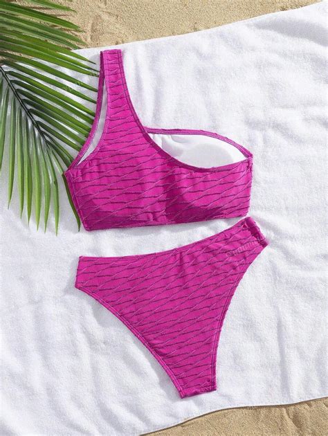 Spring Vacation Stylish One Shoulder Colorful Special Fabric Beach Bikini Set Trendy Swimwear
