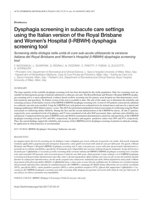 Pdf Dysphagia Screening In Subacute Care Settings Using The Italian