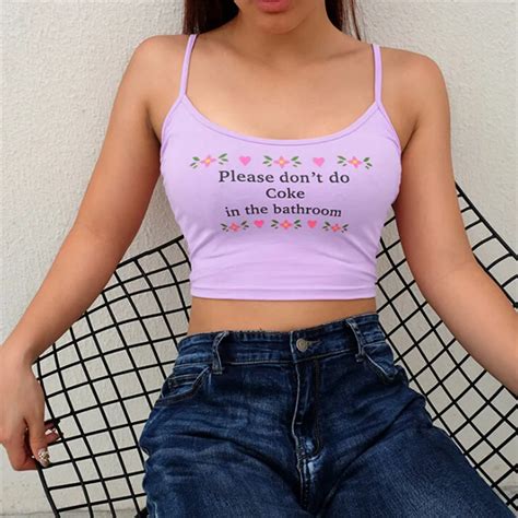 Letter Print Spaghetti Strap Cropped Tops Sexy Women Summer Tops Purple Pink Crop Tops Ladies