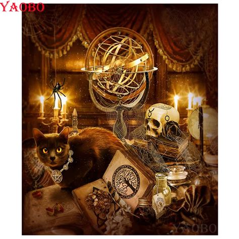 5d Diy Diamond Painting Skull Black Cat Magical Diamond Embroidery