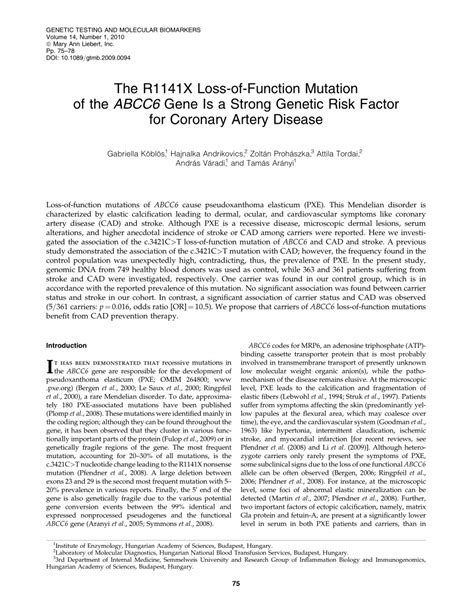 (PDF) The R1141X Loss-of-Function Mutation of the ABCC6 Gene Is a Strong Genetic Risk Factor for ...