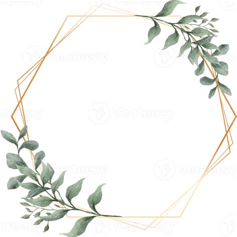 Green Leaf Watercolor Geometric Gold Frame Png