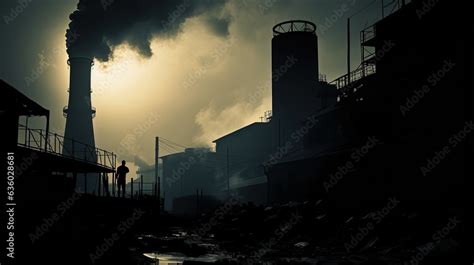 This photo shows a coal boiler installation with a tall chimney taken ...