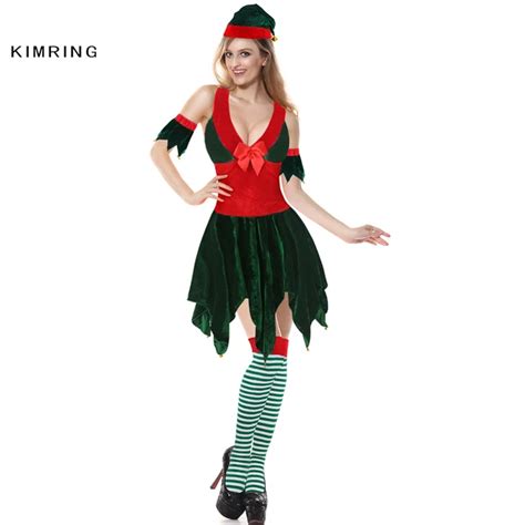 Kimring Sexy Women Christmas Elf Costumes Santa Claus Sleeve Green And