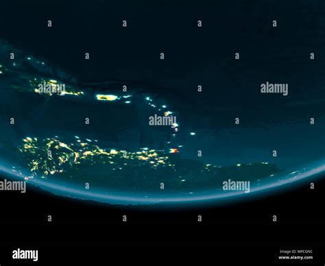 Caribbean At Night Highlighted In Red On Planet Earth 3D Illustration