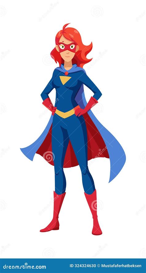 Confident Red-haired Female Superhero Standing in Heroic Pose with Cape ...